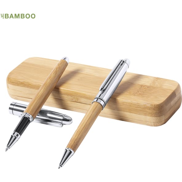 Set de bolígrafo giratorio y roller capucha personalizado bambú/metal