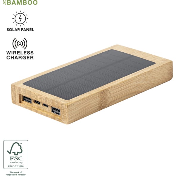 Powerbank personalizado de bambú con carga solar (10000 mAh)