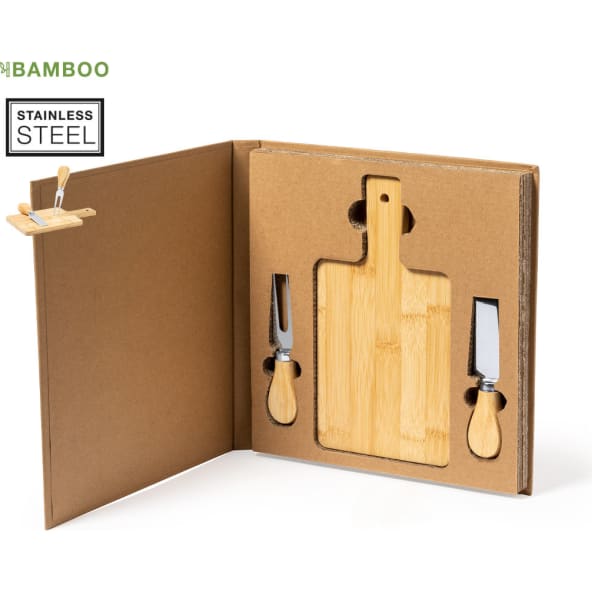 Set de quesos personalizado bambú y acero inoxidable 3 piezas