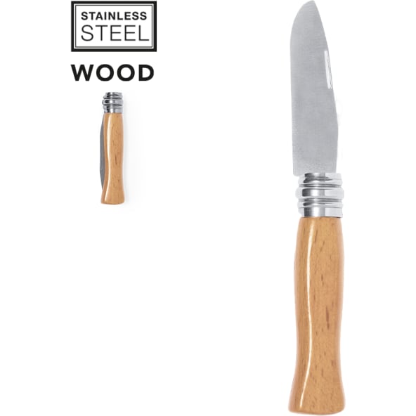 Navaja personalizada de acero inox y madera con bloqueo