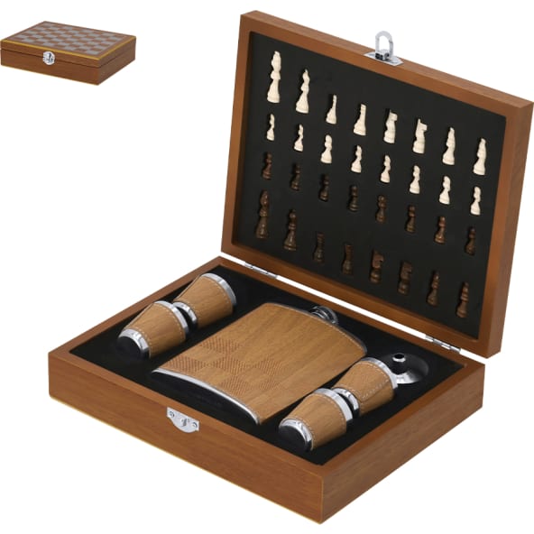 Set petaca publicitario de madera con 6 accesorios