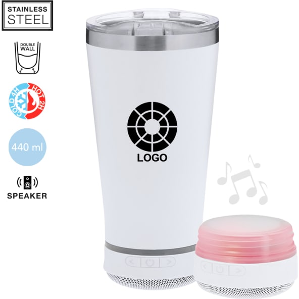 Vaso térmico de acero inox con altavoz bluetooth y LED (440 ml)