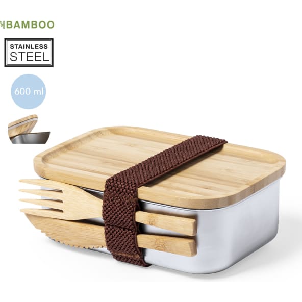 Fiambrera de 600ml personalizada de acero inox y bambú con cubiertos