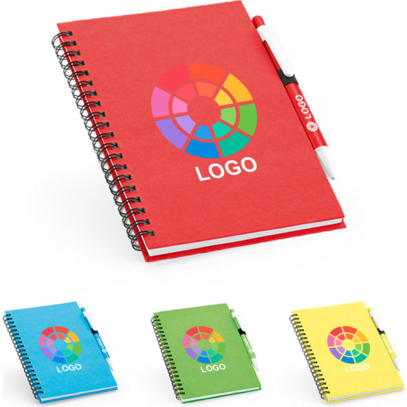 Libreta de papel reciclado con tapa rígida y boli 12,5 x 18 cm