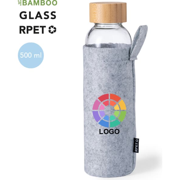Bidón personalizado de cristal y bambú con funda RPET (500 ml)