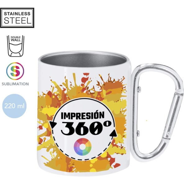 Taza de acero inox. y mosquetón impresa a todo color en 360º (220 ml)
