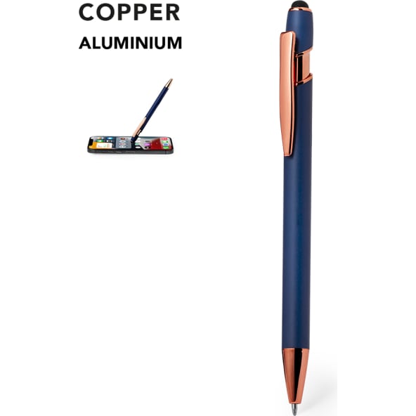 Bolígrafo puntero táctil de aluminio mate con detalles color cobre