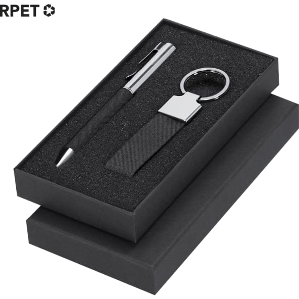 Set de bolígrafo y llavero de RPET y detalles metálicos