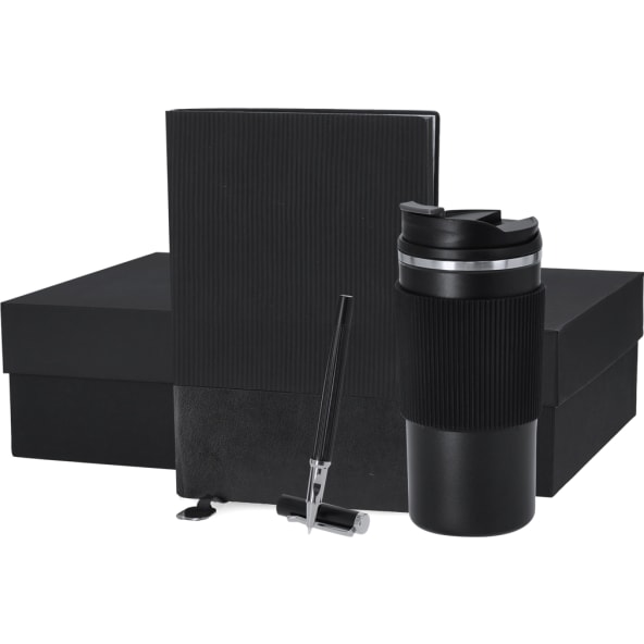 Set premium personalizado con vaso térmico y bloc de notas con roller