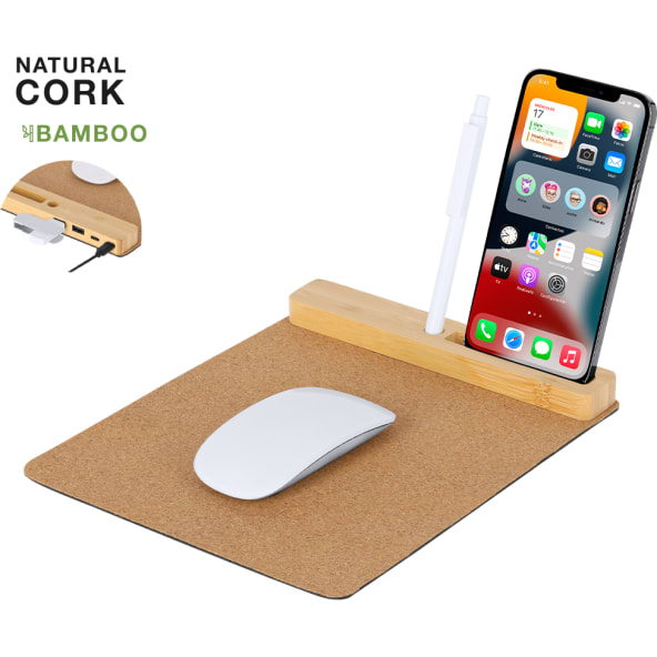 Alfombrilla antideslizante de corcho y bambú con hub para merchandising