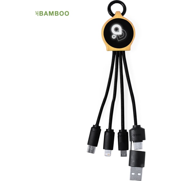 Cable cargador bambú publicitario 3 en 1 con tu logo iluminado