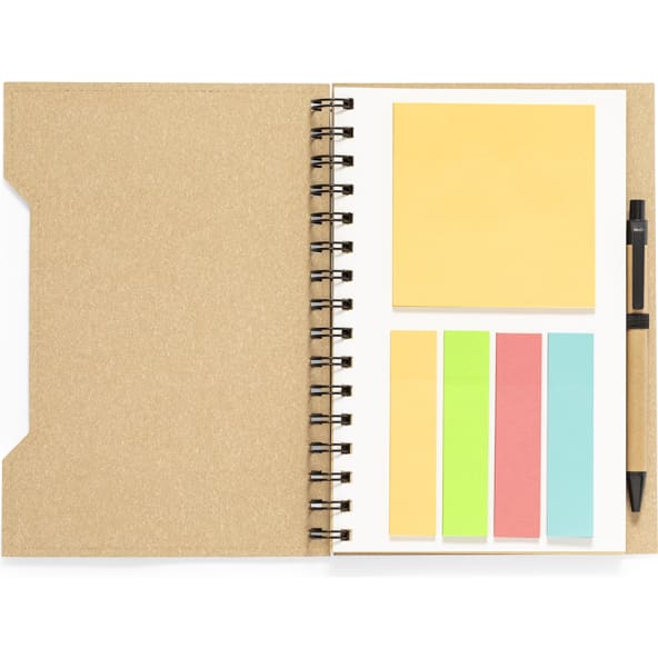 Set notas adhesivas con bloc de hojas y bolígrafo en cartón reciclado