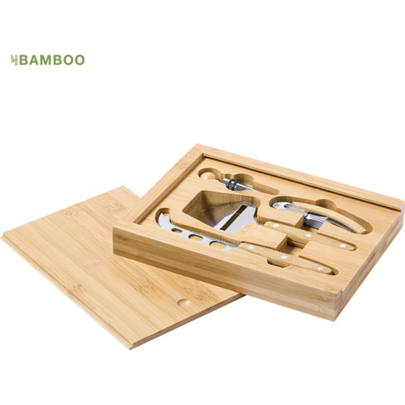 Set de vinos y quesos bambú personalizado con 4 accesorios
