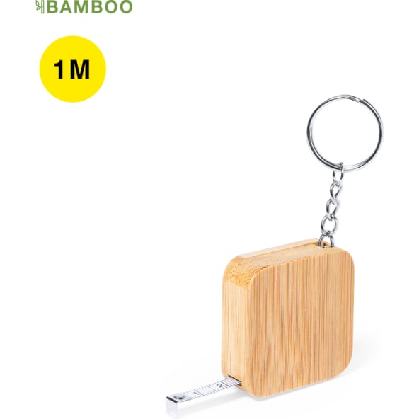 Llavero flexómetro personalizado de bambú con cuchilla metálica de 1m