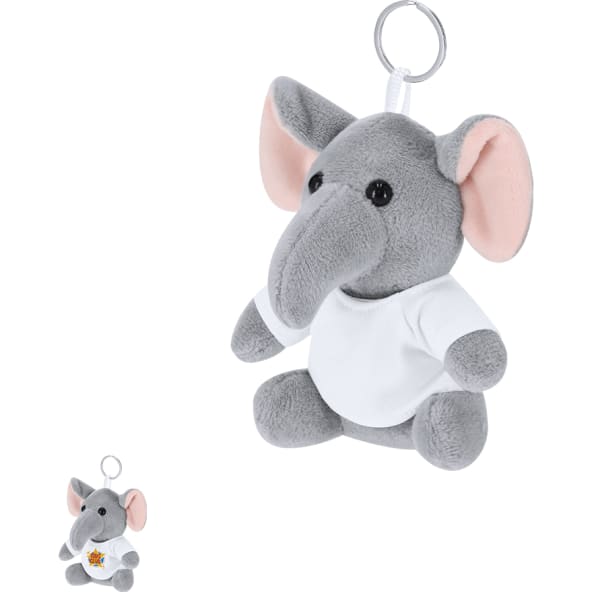 Llavero elefante de poliéster con camiseta blanca y anilla metálica