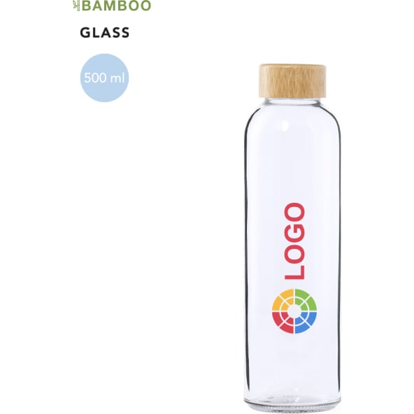 Botella eco de cristal con tapón de bambú personalizada (500 ml)