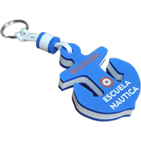 Llavero náutico flotante con silueta de ancla  en goma EVA personalizado con anillo