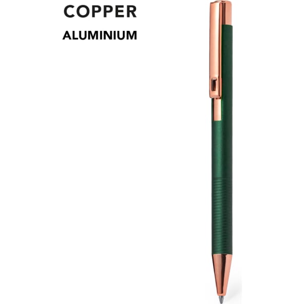 Bolígrafo personalizado aluminio mate y detalles en cobre pulsador