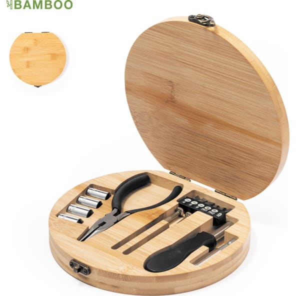 Set herramientas personalizado en caja de bambú con 15 accesorios