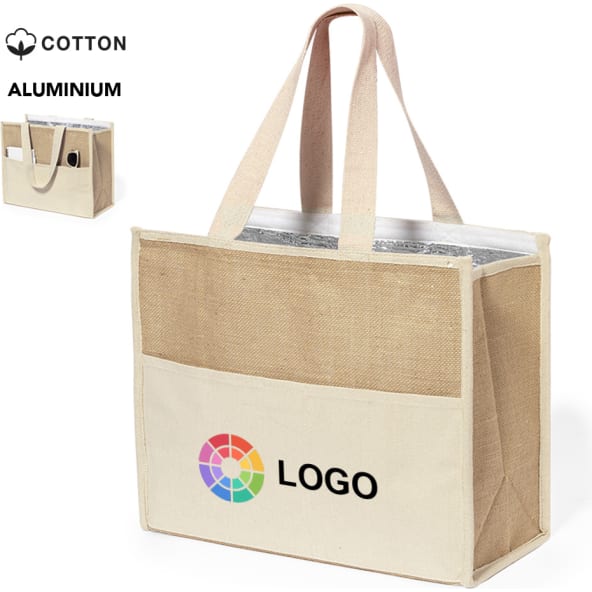 Bolsa nevera isotérmica de aluminio en yute laminado y algodón.