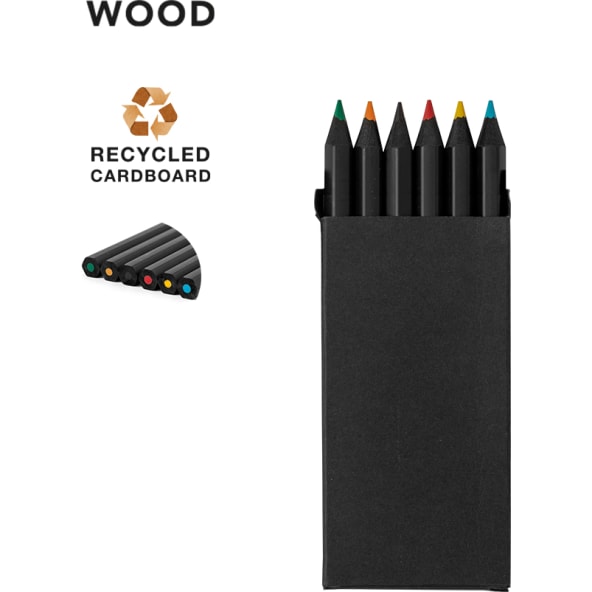 Set 6 lápices de colores en madera y estuche de cartón reciclado negro