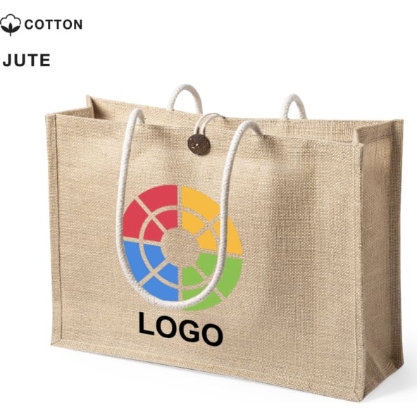 Bolsa publicitaria de yute 320 g/m2 y asas de algodón 44,5 x 35 x 14 cm