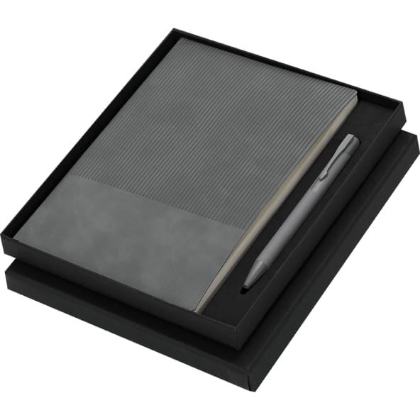 Set PU reciclado con bloc notas y bolígrafo de aluminio reciclado tinta azul