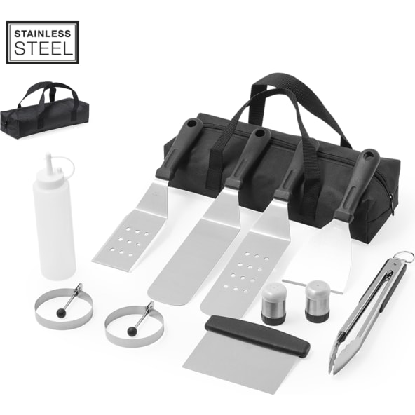 Set barbacoa acero inox 11 accesorios con macuto