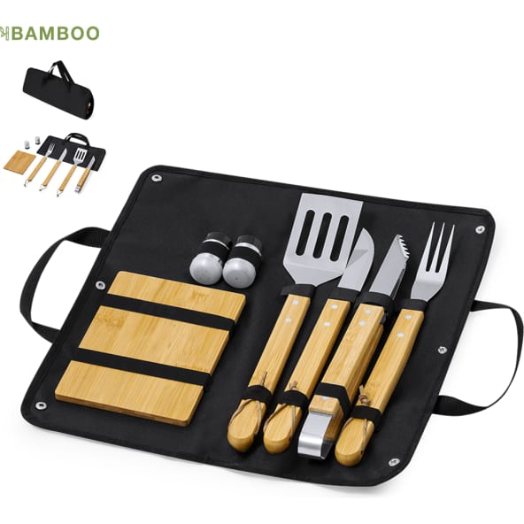 Set barbacoa personalizado bambú y acero inox 7 accesorios