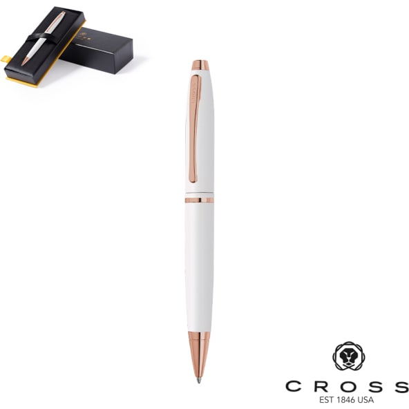 Bolígrafo blanco y oro rosa personalizado con estuche Cross