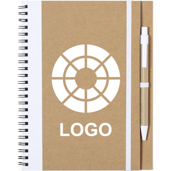 Libreta ecológica de cartón reciclado con banda elástica y boli 16,5 x 21 cm
