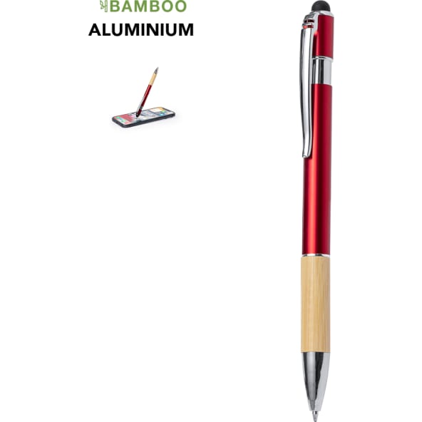 Bolígrafo empuñadura de bambú y aluminio brillante con puntero táctil