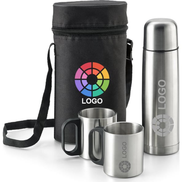 Termo personalizado de acero inox. con funda y tazas (500 ml)