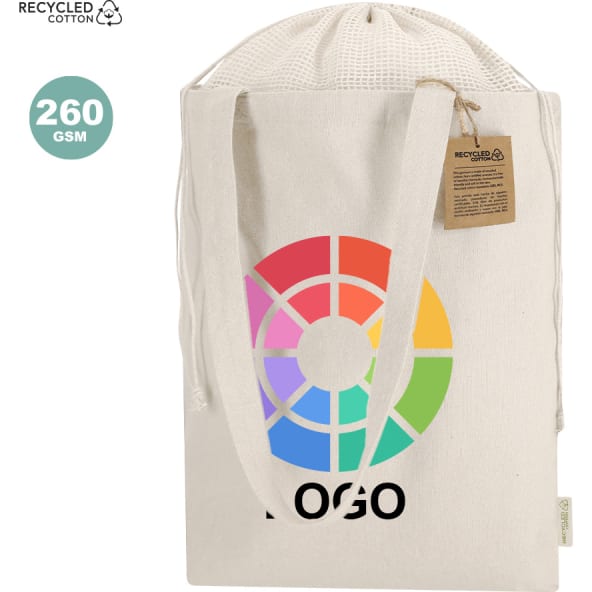 Bolsa eco publicitaria de algodón reciclado con cierre 260 g/m2 
