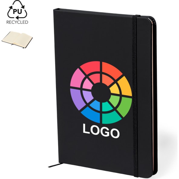 Bloc notas publicitario en polipiel reciclada y cierre elastico 14,7 x 21 cm