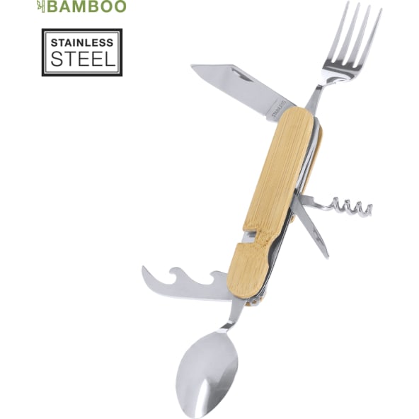 Set de cubiertos personalizado bambú/acero inox 7 funciones