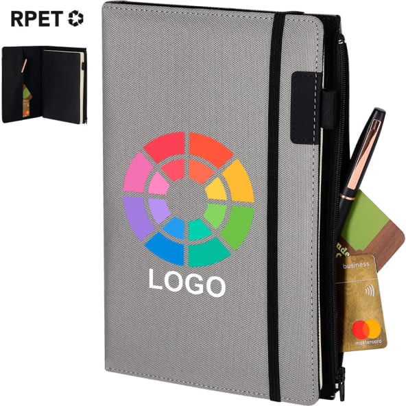 Bloc notas A5 personalizado con funda RPET y bolsillo con cierre 15.5 x 22.1 cm
