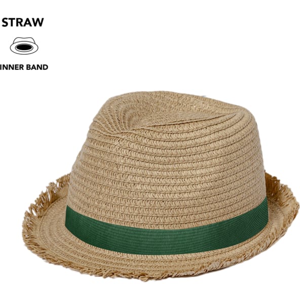 Sombrero en paja de papel con flecos y serigrafiado alrededor de cinta 
