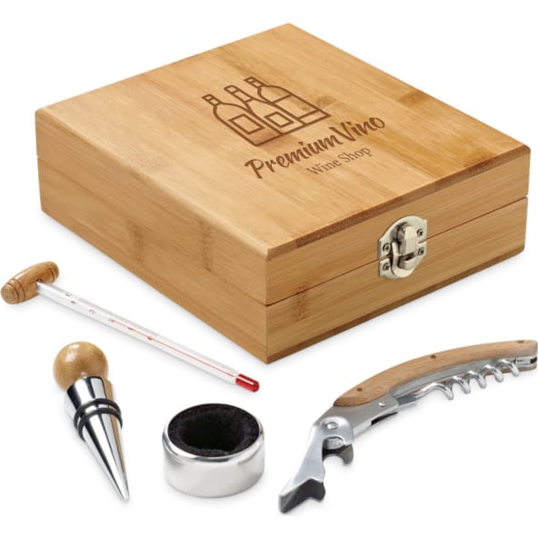 Set de vino 4 pzs en caja de bambu