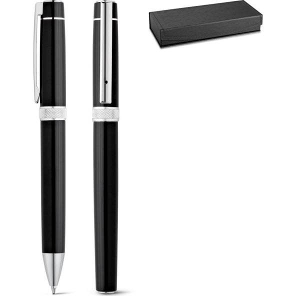 Bolígrafo y roller de metal con estuche de cartón (tinta negra)