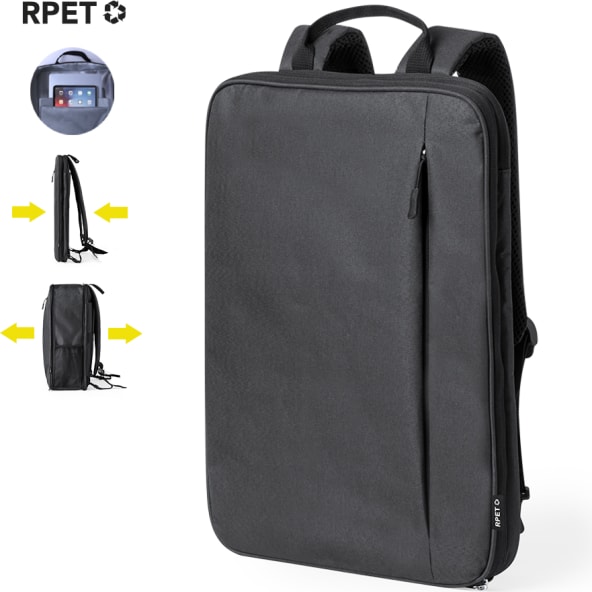 Mochila personalizada extensible negra RPET con compartimentos acolchados 15'