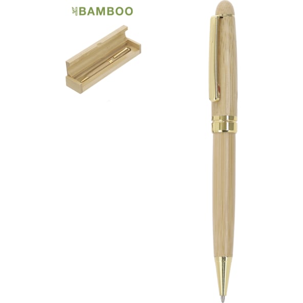 Bolígrafo de bambú publicitario con detalles dorados y estuche de bambú