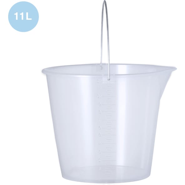 Cubo medidor publicitario de 11l en PP transparente con asa metálica