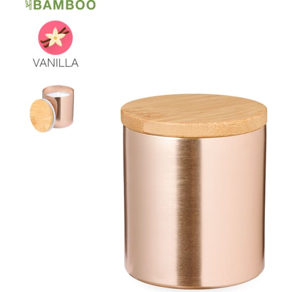 Vela aromática publicitaria de aluminio y bambú aroma vainilla