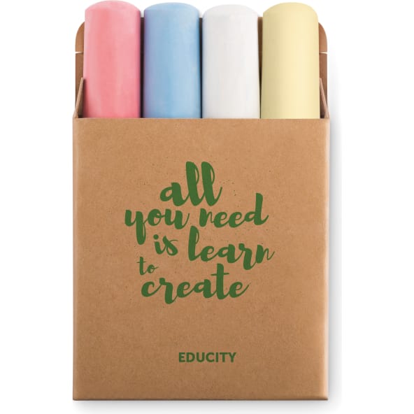 Caja de cartón natural con 4 tizas grandes de colores