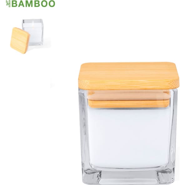 Vela aromática publicitaria de cristal y bambú aroma vainilla