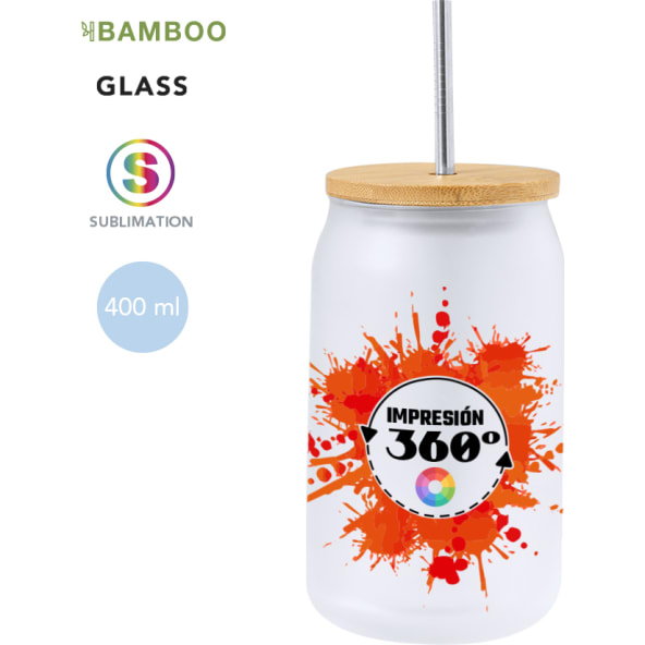Vaso de cristal, tapa en bambú y pajita acero inox personalizado (400ml)