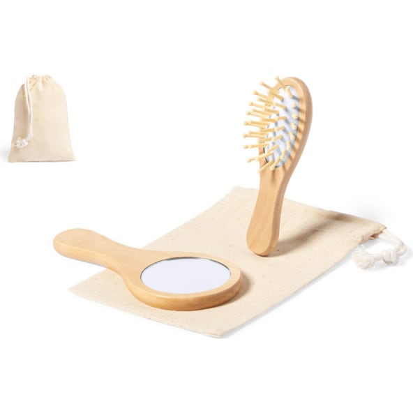 Set de espejo y cepillo en madera natural para merchandising