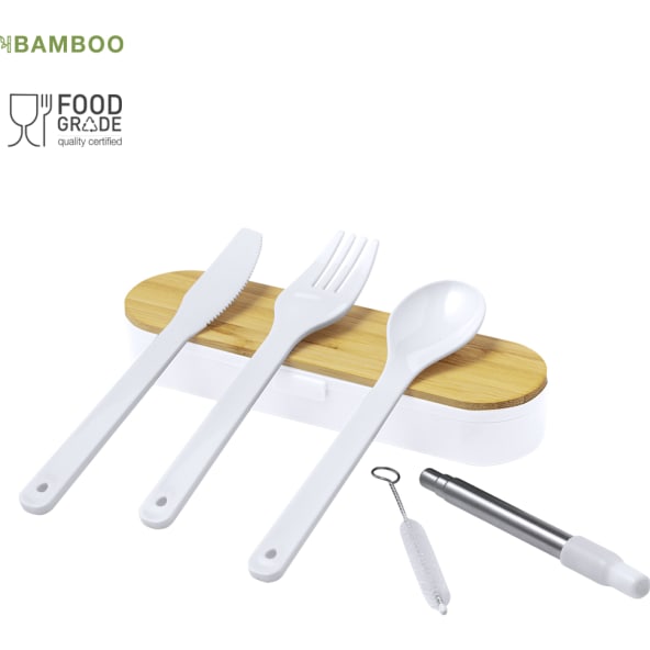 Set cubiertos 5 piezas reutilizables de PP y bambú ecológico