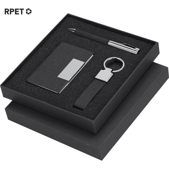 Tarjetero bicolor RPET personalizado con bolígrafo y llavero